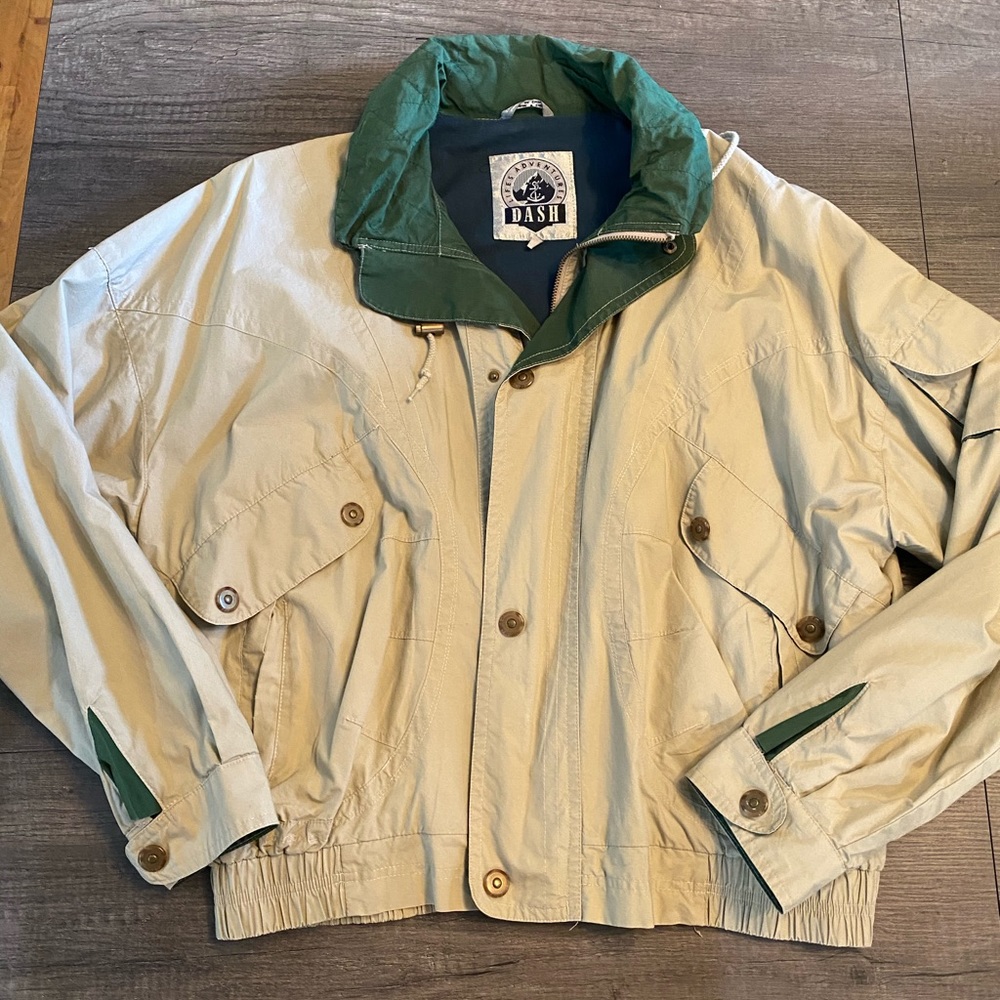 Life’s adventures Taupe and green outdoors jacket